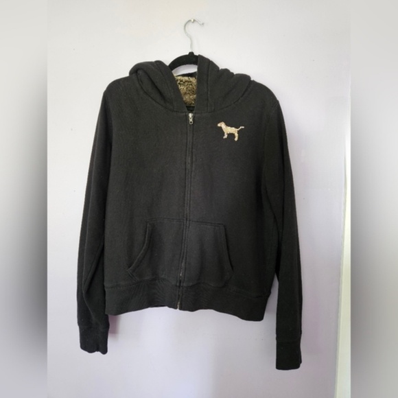 💕 Victorias Secret PINK Vintage Faux Fur-Lined Zip-Up Hoodie Black Large - Picture 3 of 4